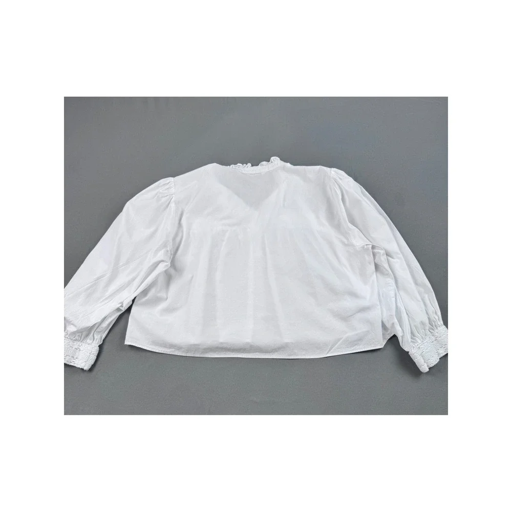Zara White Cotton‎ Eyelet Lace Ruffle Collar Puff Sleeve Blouse XL Victorian